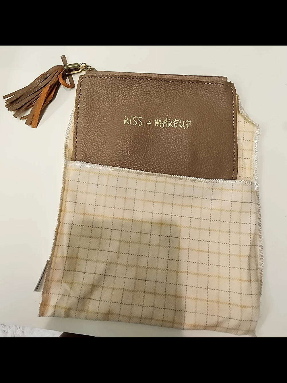 Graphic Image Taupe 'Kiss + Makeup' Zippered Cosmetic Pouch with Gold Foil